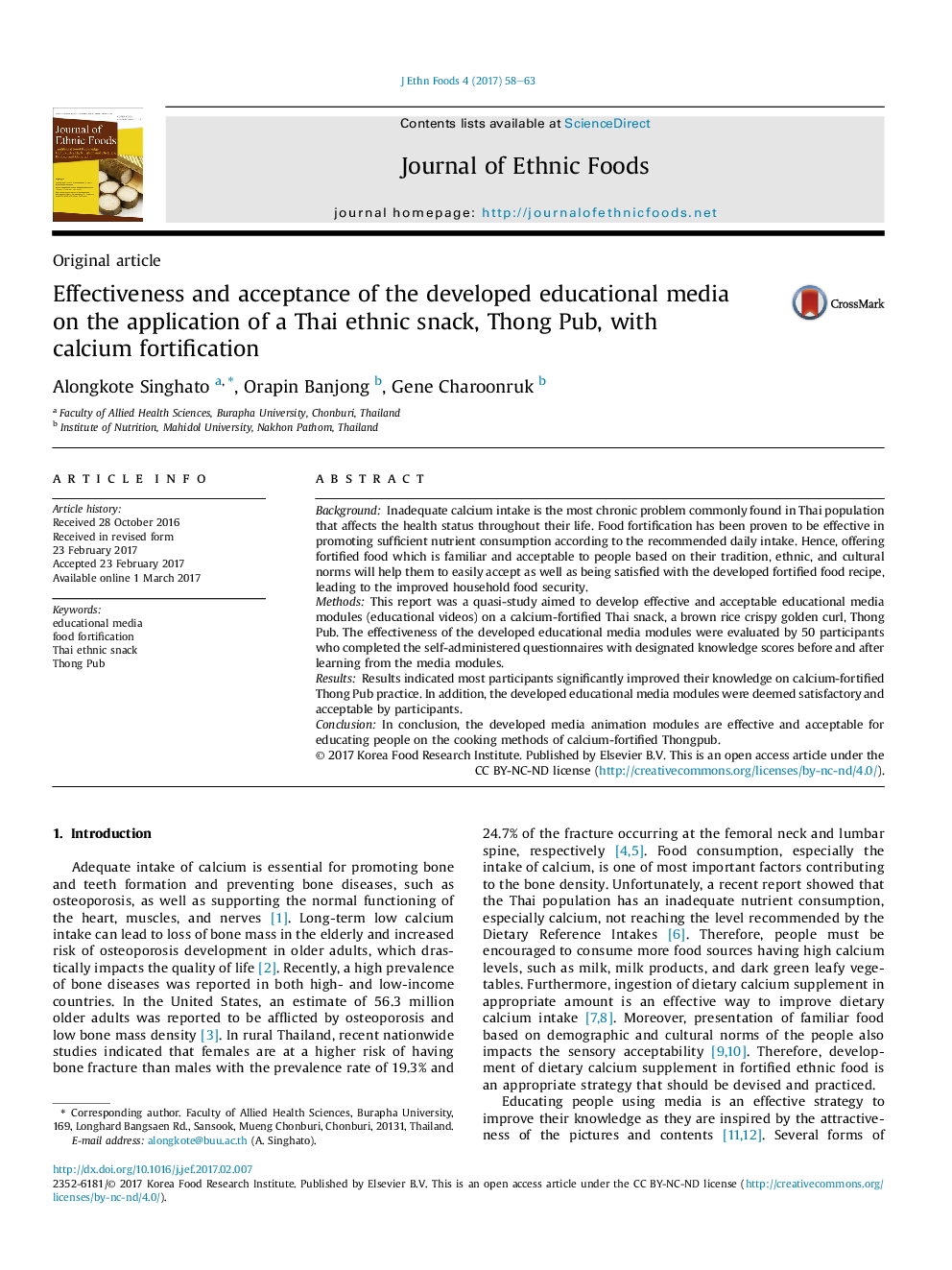 Effectiveness and acceptance of the developed educational media onÂ the application of a Thai ethnic snack, Thong Pub, with calciumÂ fortification