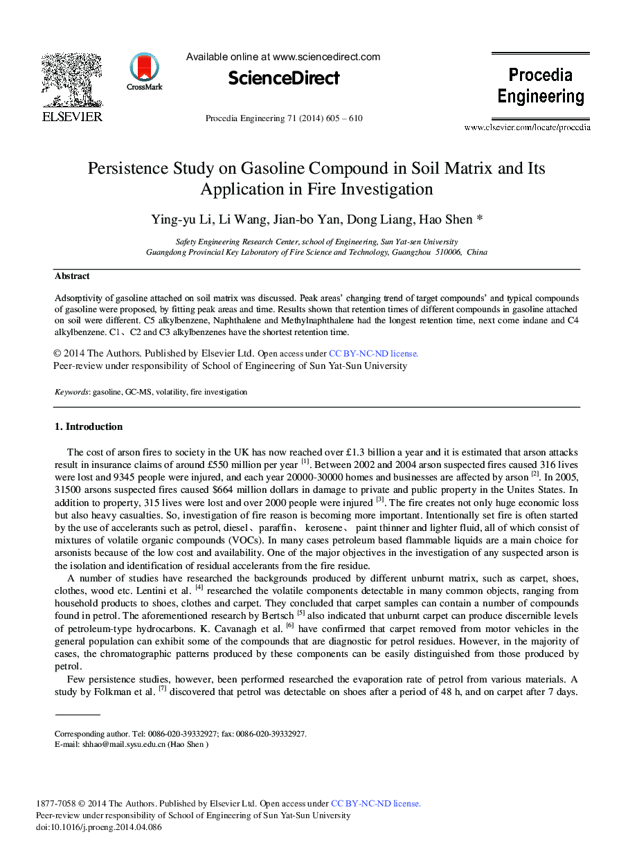 Persistence Study on Gasoline Compound in Soil Matrix and its Application in Fire Investigation 