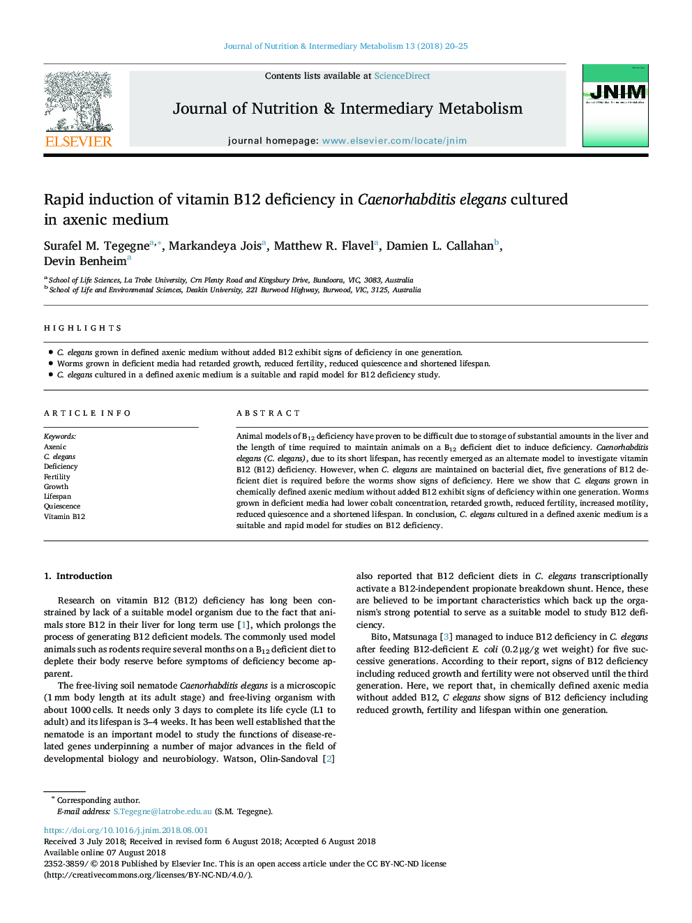 Rapid induction of vitamin B12 deficiency in Caenorhabditis elegans cultured in axenic medium