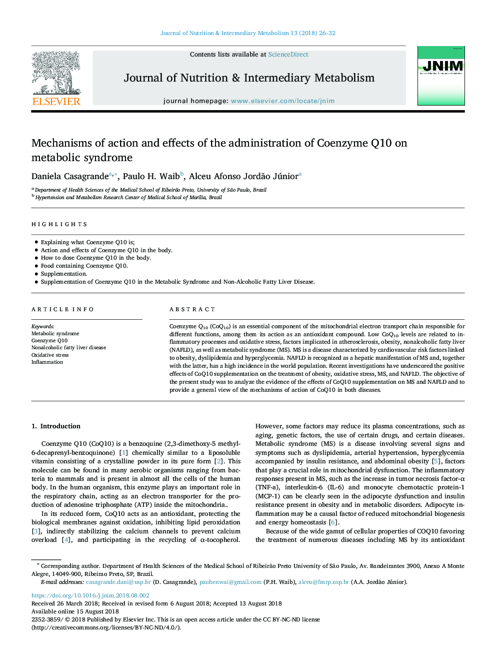 Mechanisms of action and effects of the administration of Coenzyme Q10 on metabolic syndrome