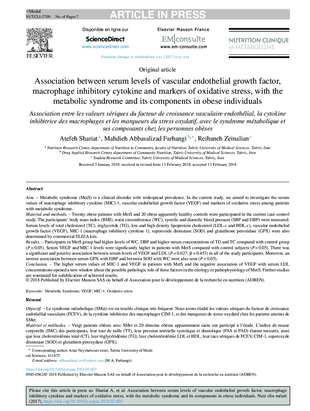 Association between serum levels of vascular endothelial growth factor, macrophage inhibitory cytokine and markers of oxidative stress, with the metabolic syndrome and its components in obese individuals