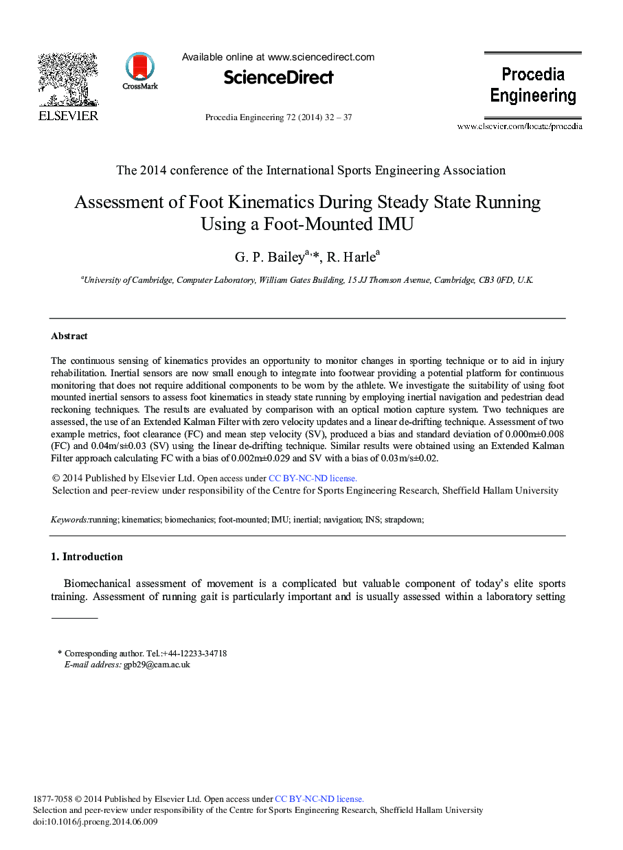 Assessment of Foot Kinematics During Steady State Running Using a Foot-mounted IMU 
