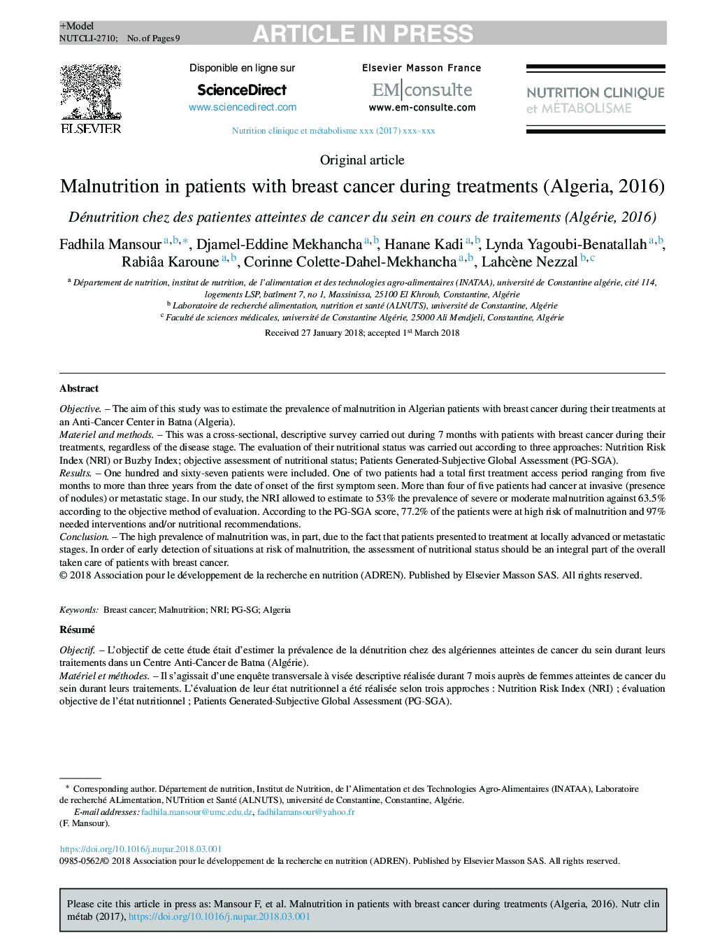 Malnutrition in patients with breast cancer during treatments (Algeria, 2016)