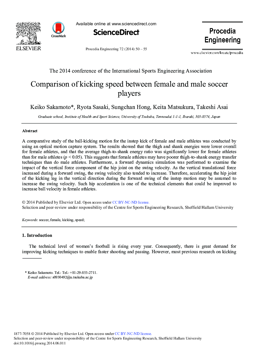 Comparison of Kicking Speed between Female and Male Soccer Players 