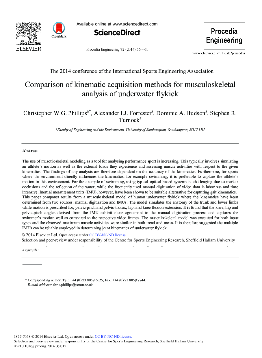 Comparison of Kinematic Acquisition Methods for Musculoskeletal Analysis of Underwater Flykick 