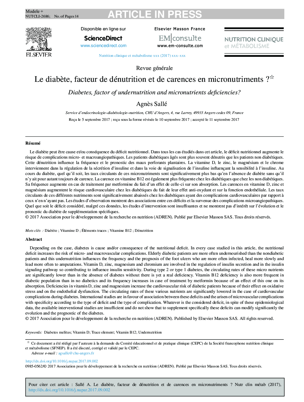 Le diabÃ¨te, facteur de dénutrition et de carences en micronutrimentsÂ ?