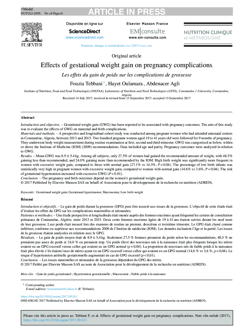 Effects of gestational weight gain on pregnancy complications