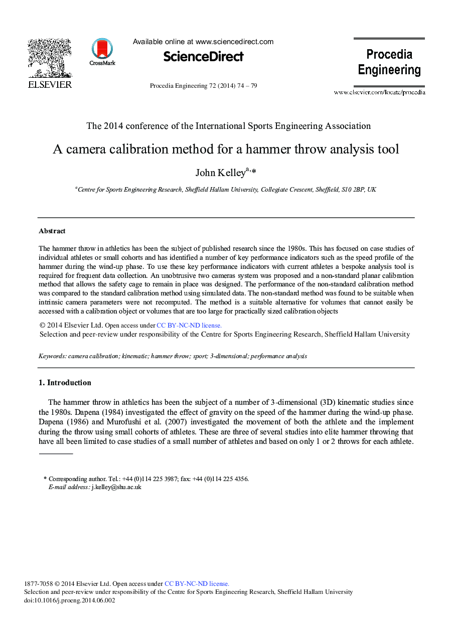 A Camera Calibration Method for a Hammer Throw Analysis Tool 