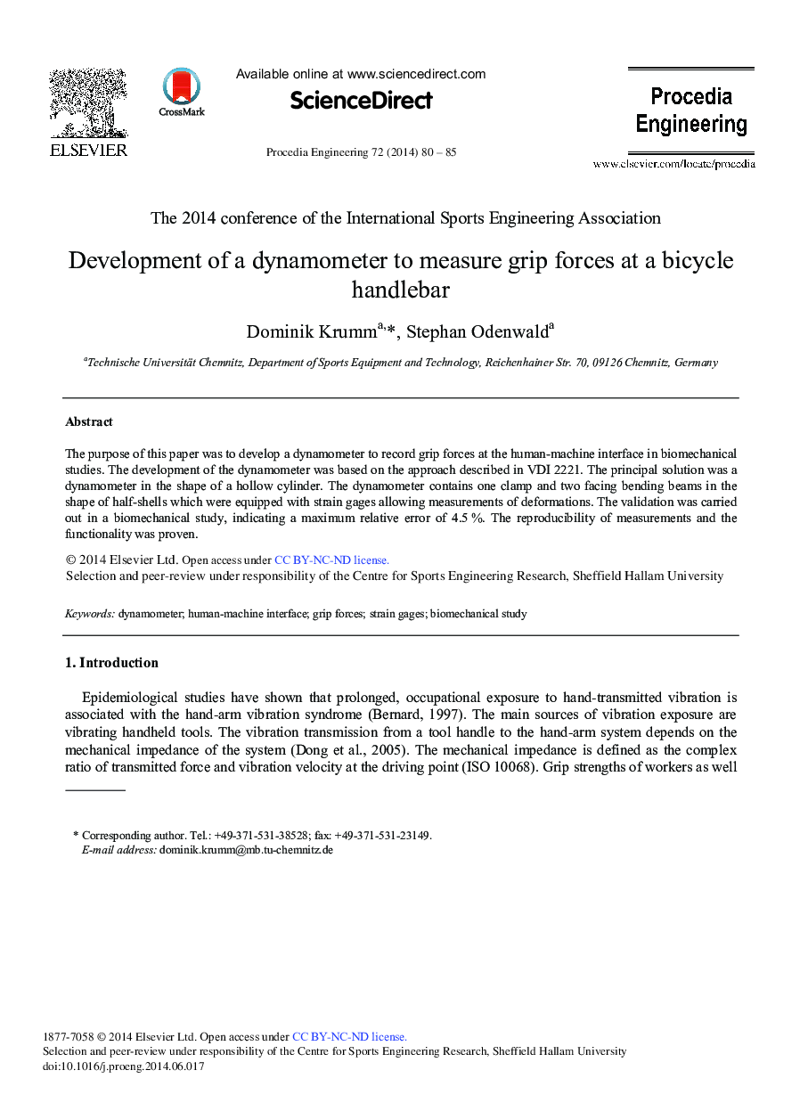 Development of a Dynamometer to Measure Grip Forces at a Bicycle Handlebar 