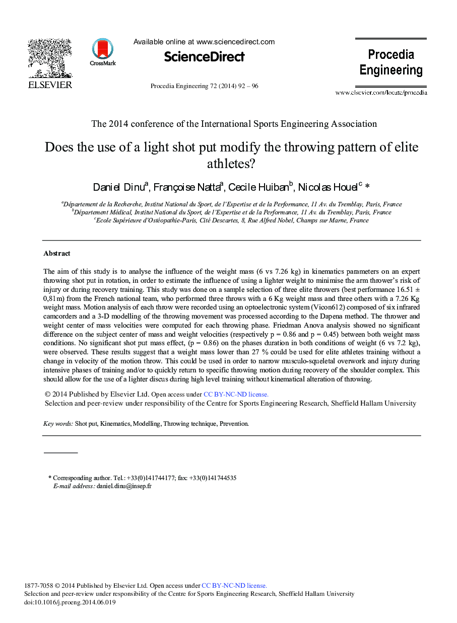 Does the Use of a Light Shot Put Modify the Throwing Pattern of Elite Athletes? 