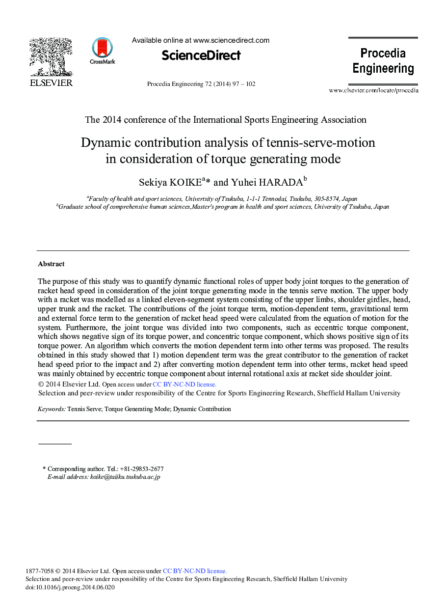 Dynamic Contribution Analysis of Tennis-serve-motion in Consideration of Torque Generating Mode 