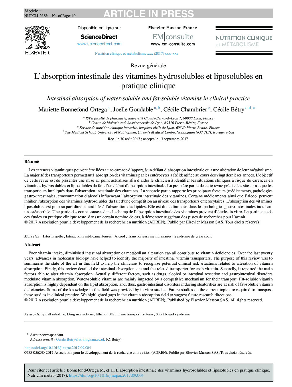 L'absorption intestinale des vitamines hydrosolubles et liposolubles en pratique clinique