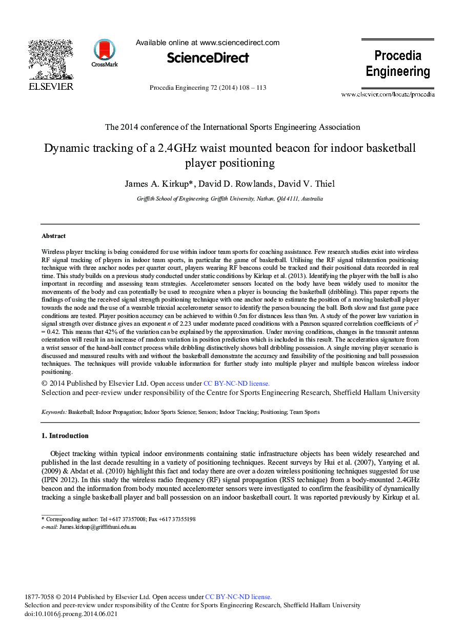 Dynamic Tracking of a 2.4GHz Waist Mounted Beacon for Indoor Basketball Player Positioning 