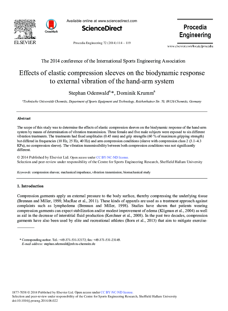 Effects of Elastic Compression Sleeves on the Biodynamic Response to External Vibration of the Hand-arm System 