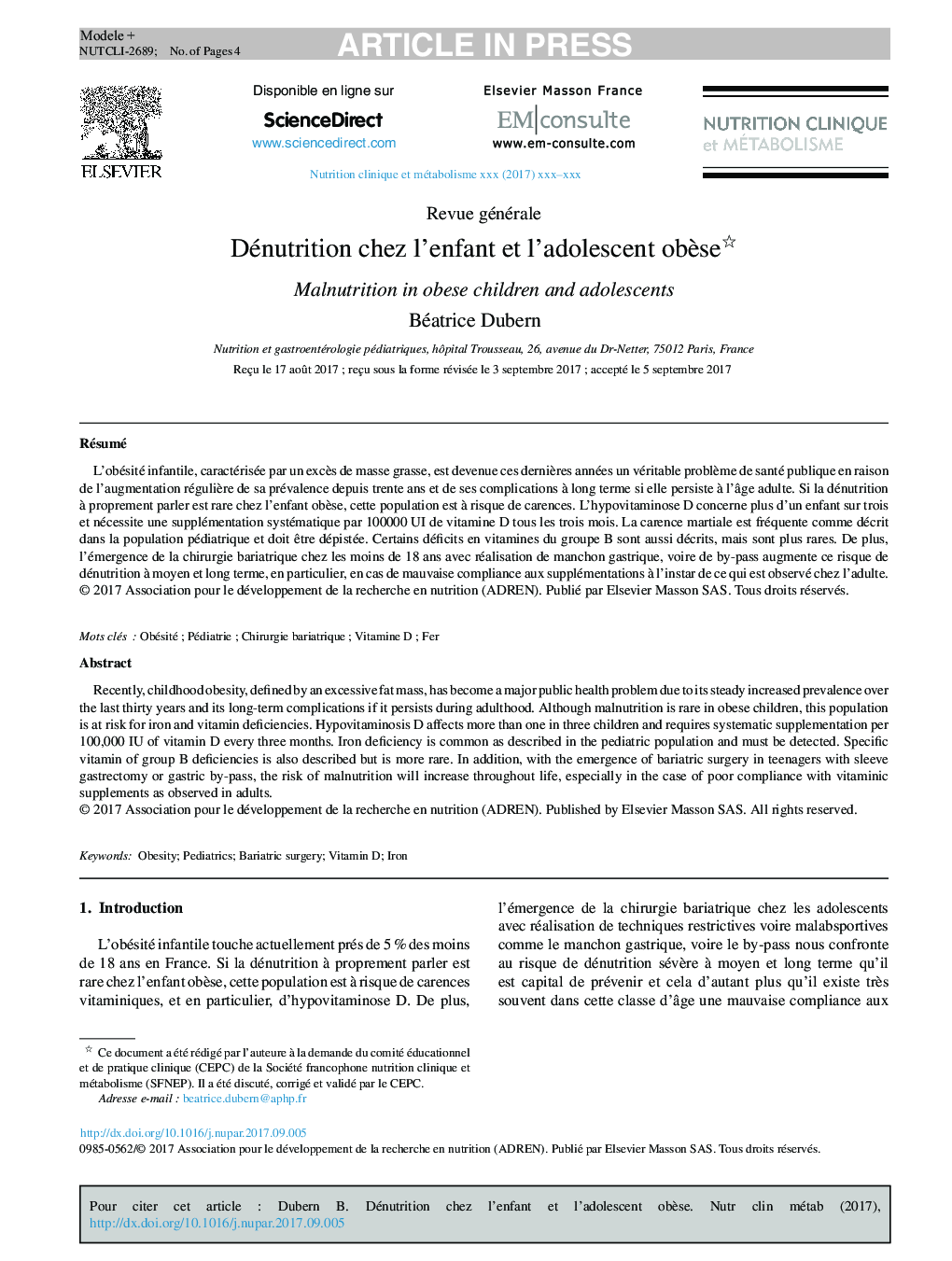 Dénutrition chez l'enfant et l'adolescent obÃ¨se