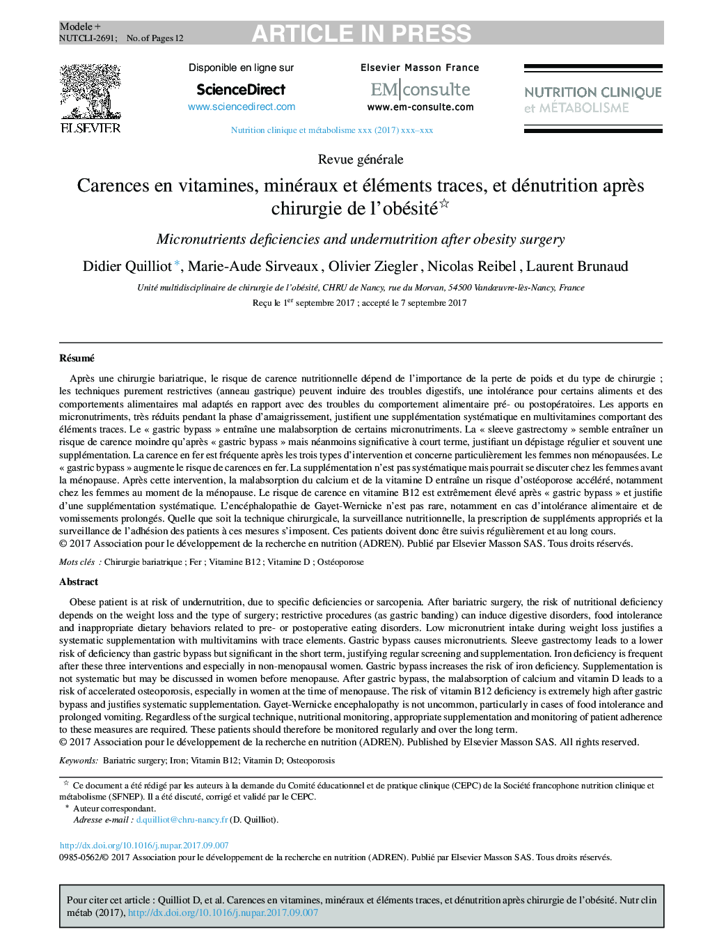 Carences en vitamines, minéraux et éléments traces, et dénutrition aprÃ¨s chirurgie de l'obésité