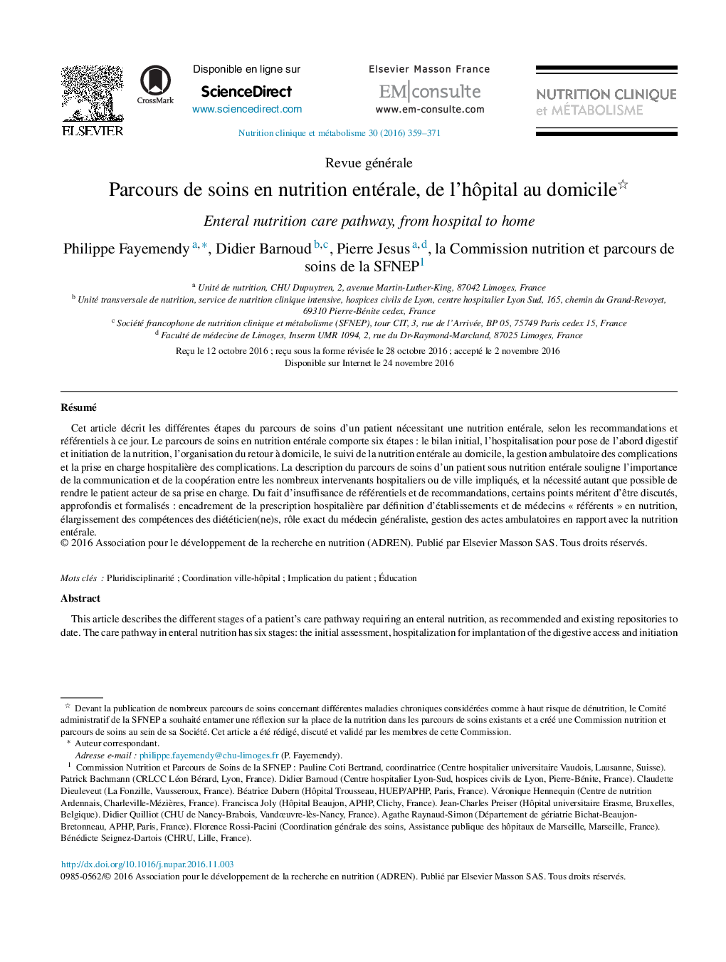 Parcours de soins en nutrition entérale, de l'hÃ´pital au domicile