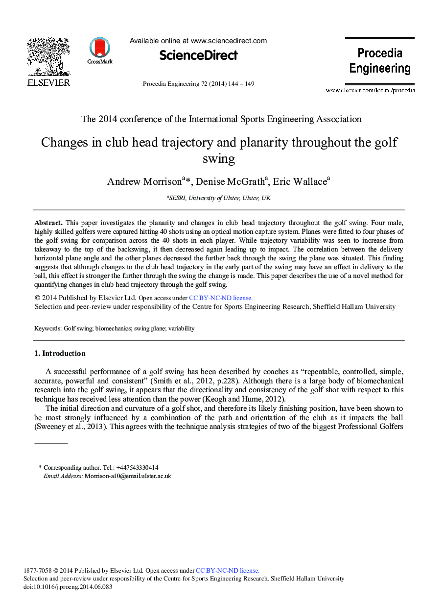 Changes in Club Head Trajectory and Planarity Throughout the Golf Swing 