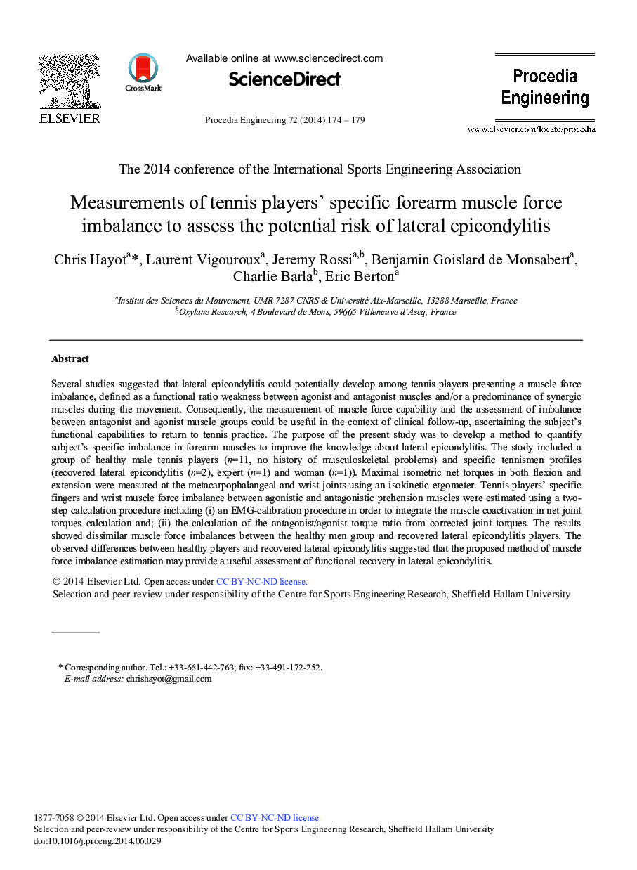 Measurements of Tennis Players’ Specific Forearm Muscle Force Imbalance to Assess the Potential Risk of Lateral Epicondylitis 