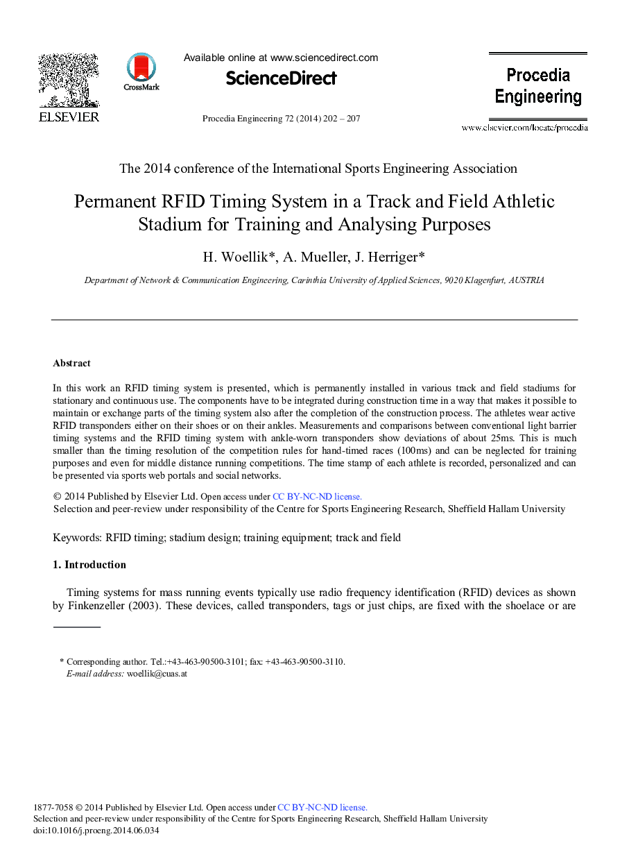Permanent RFID Timing System in a Track and Field Athletic Stadium for Training and Analysing Purposes 