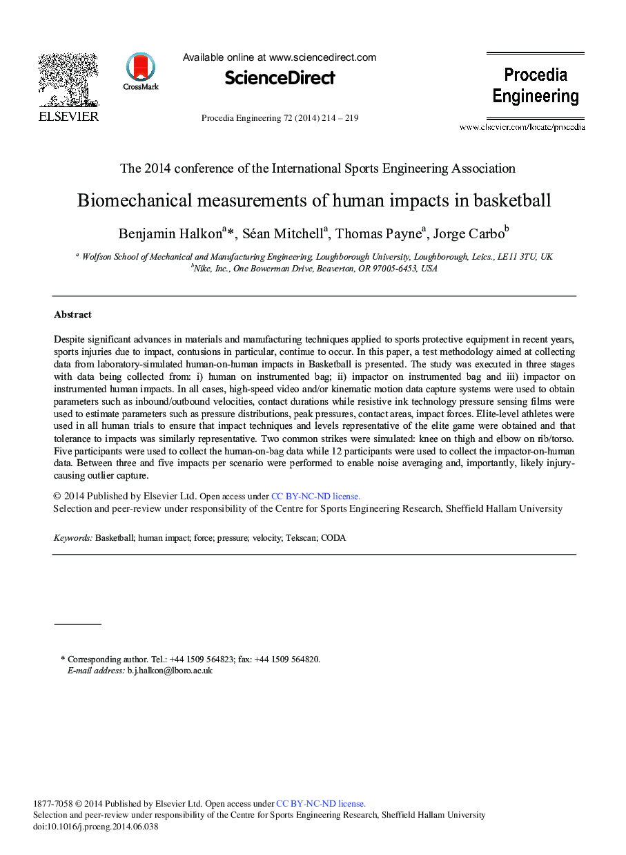Biomechanical Measurements of Human Impacts in Basketball 