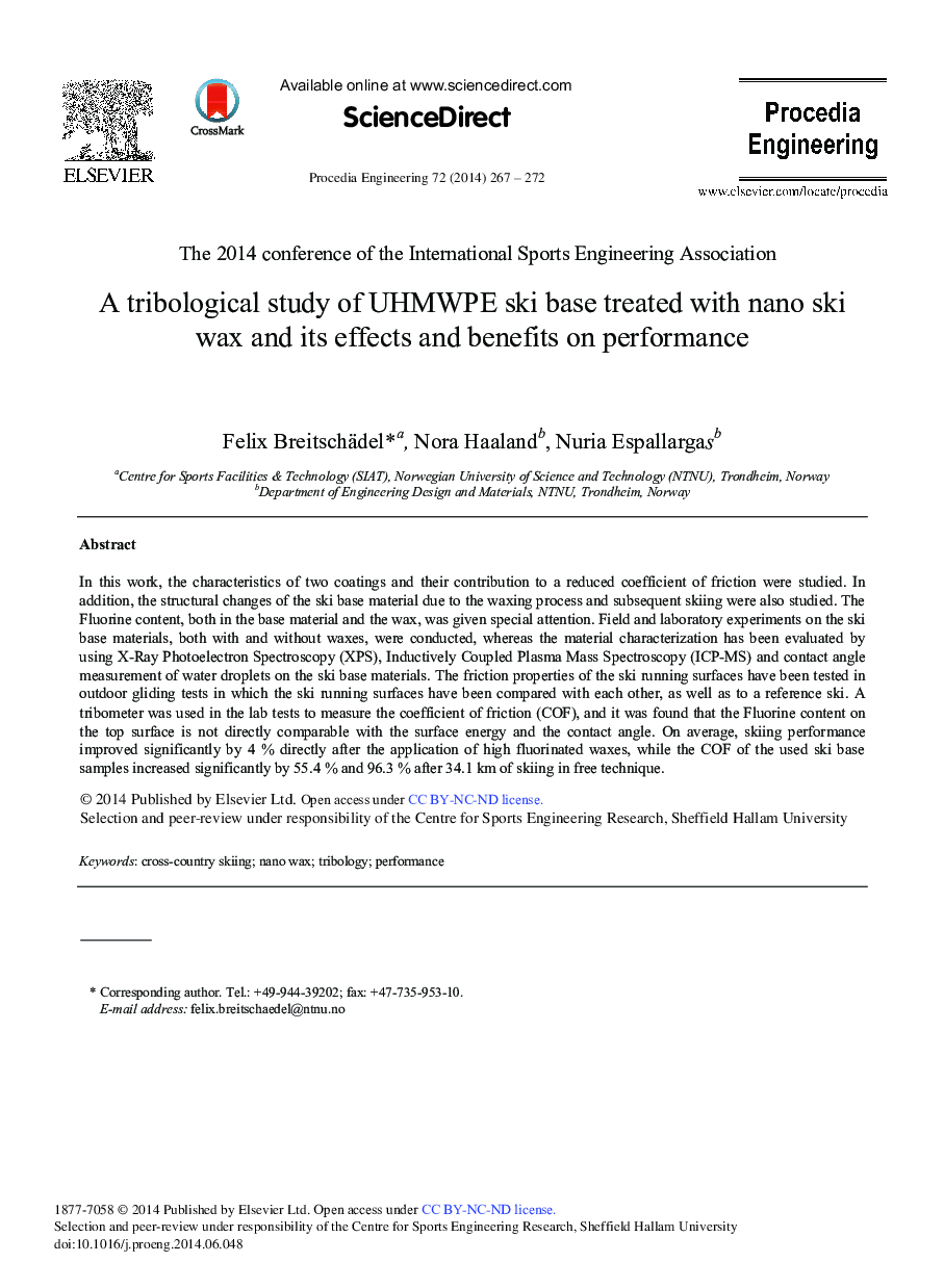 A Tribological Study of UHMWPE Ski Base Treated with Nano Ski Wax and its Effects and Benefits on Performance 