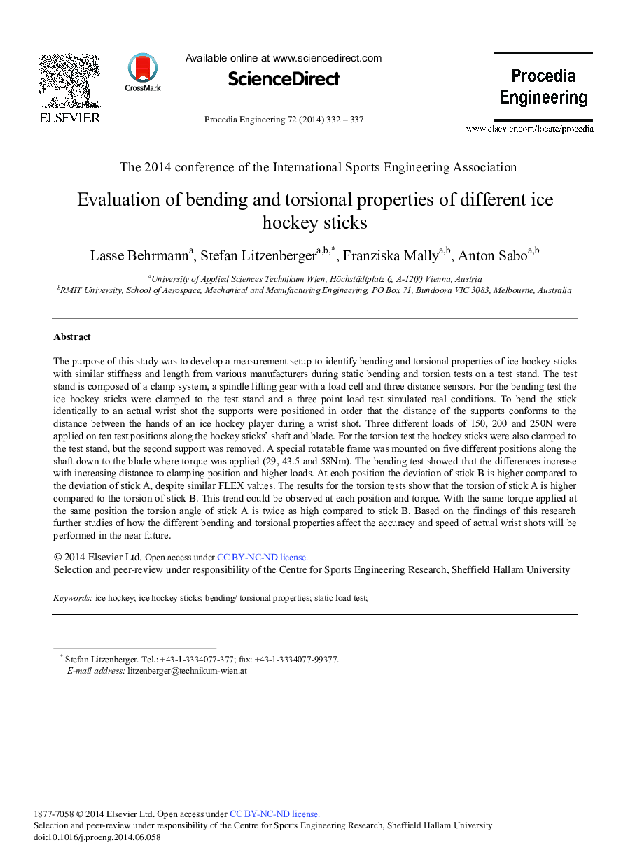 Evaluation of Bending and Torsional Properties of Different Ice Hockey Sticks 