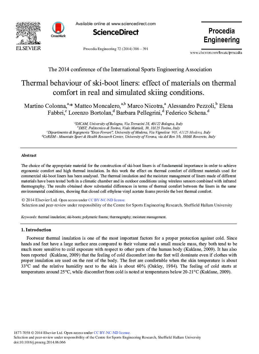 Thermal Behaviour of Ski-boot Liners: Effect of Materials on Thermal Comfort in Real and Simulated Skiing Conditions. 
