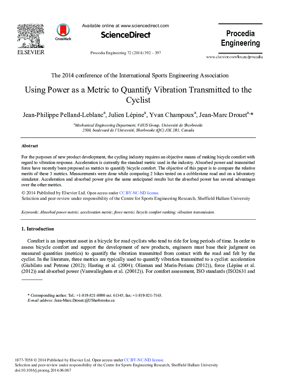Using Power as a Metric to Quantify Vibration Transmitted to the Cyclist 