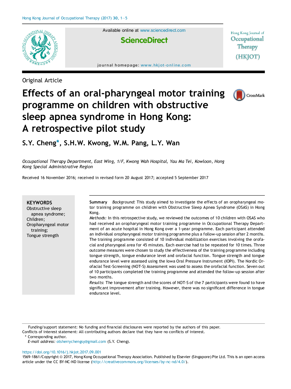 Effects of an oral-pharyngeal motor training programme on children with obstructive sleep apnea syndrome in Hong Kong: AÂ retrospective pilot study