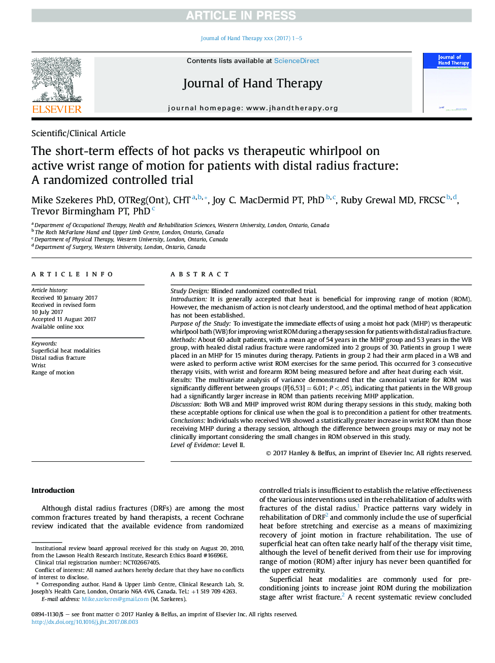 The short-term effects of hot packs vs therapeutic whirlpool on active wrist range of motion for patients with distal radius fracture: A randomized controlled trial