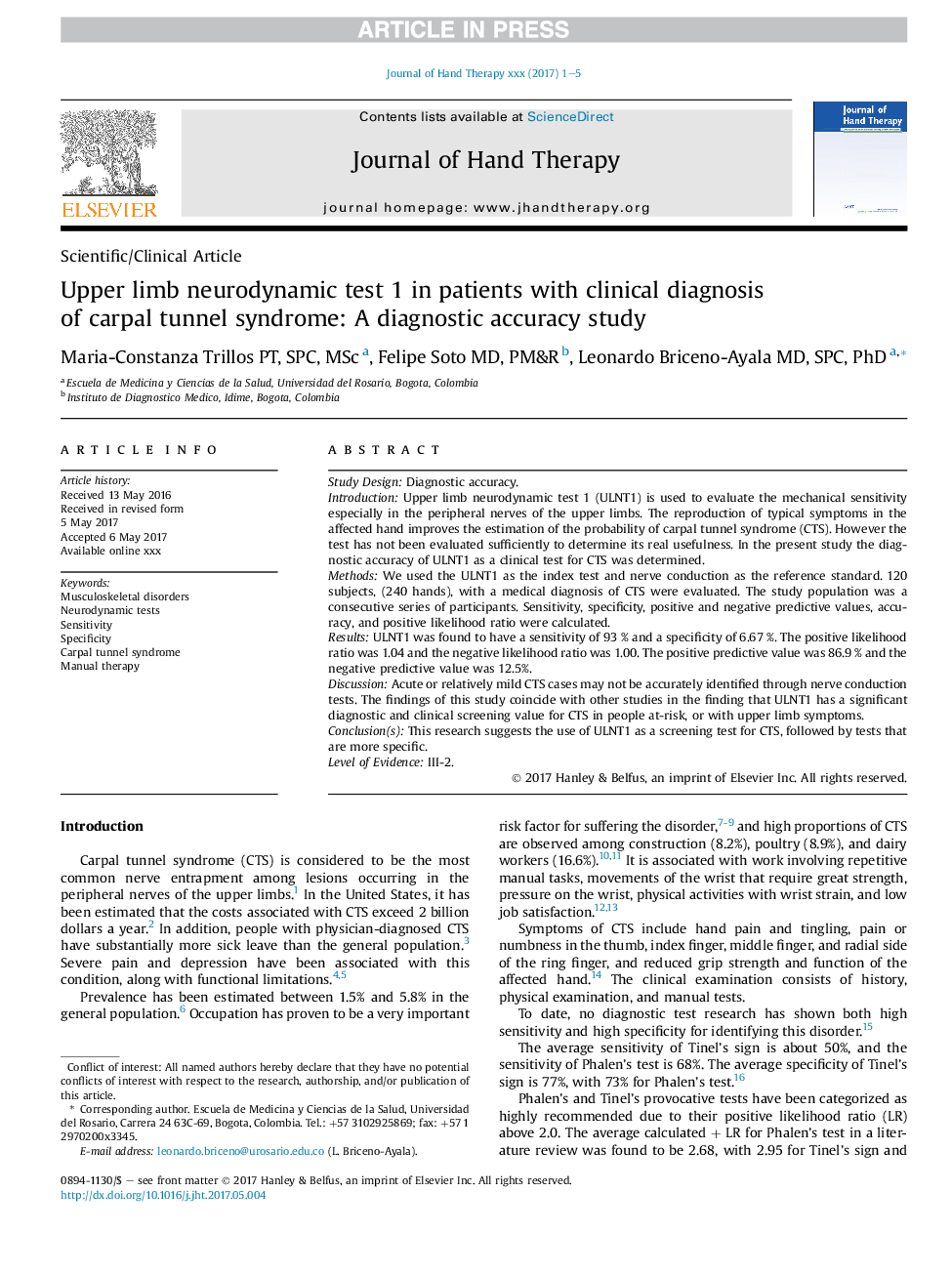 Upper limb neurodynamic test 1 in patients with clinical diagnosis of carpal tunnel syndrome: A diagnostic accuracy study