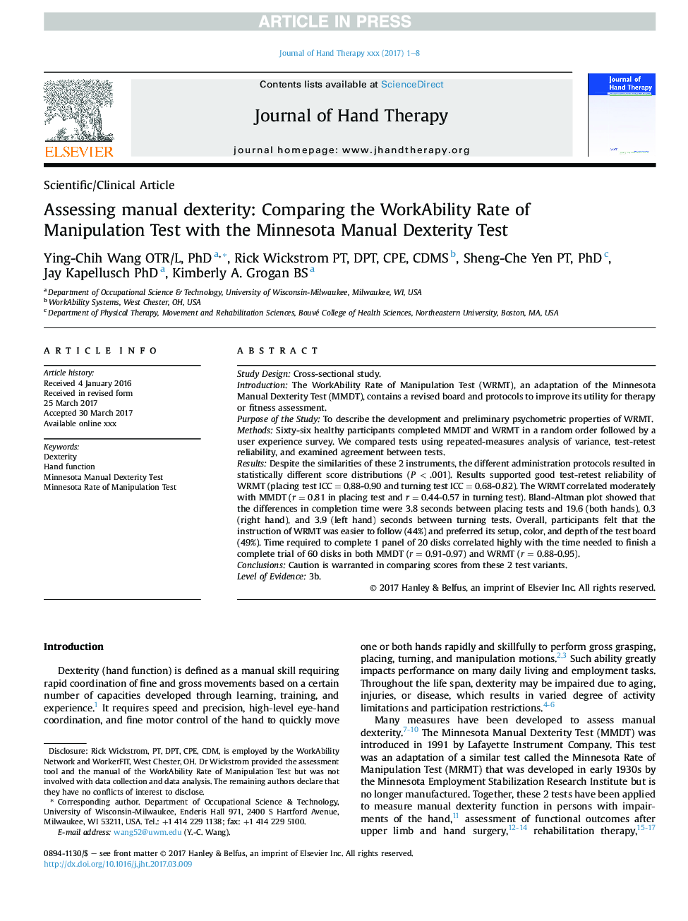 Assessing manual dexterity: Comparing the WorkAbility Rate of Manipulation Test with the Minnesota Manual Dexterity Test