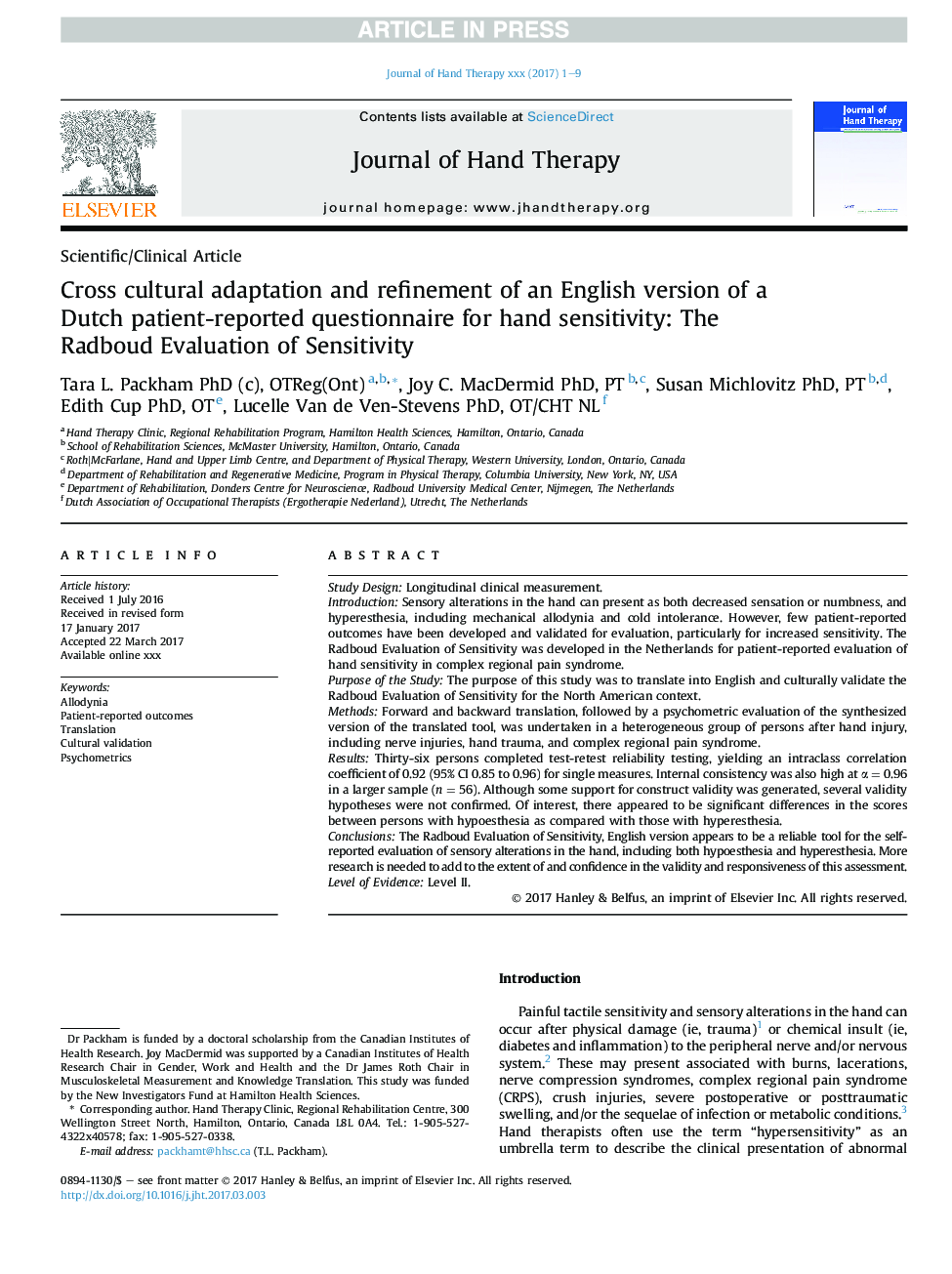 Cross cultural adaptation and refinement of an English version of a Dutch patient-reported questionnaire for hand sensitivity: The Radboud Evaluation of Sensitivity