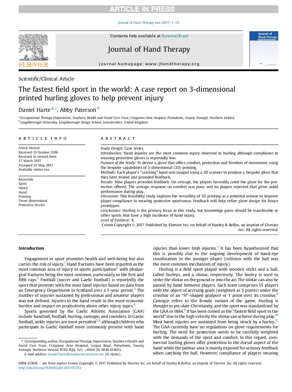 The fastest field sport in the world: A case report on 3-dimensional printed hurling gloves to help prevent injury