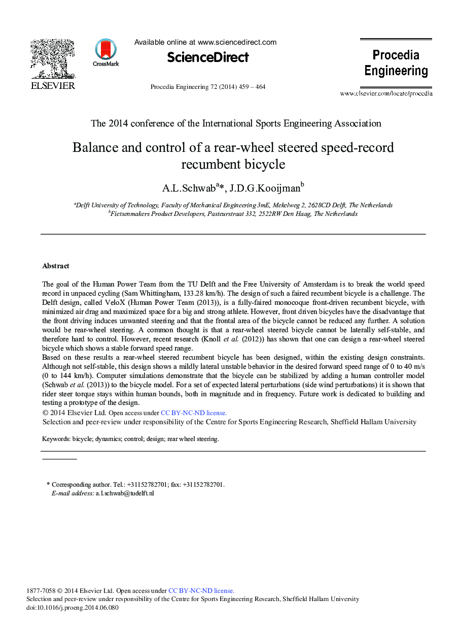 Balance and Control of a Rear-wheel Steered Speed-record Recumbent Bicycle 