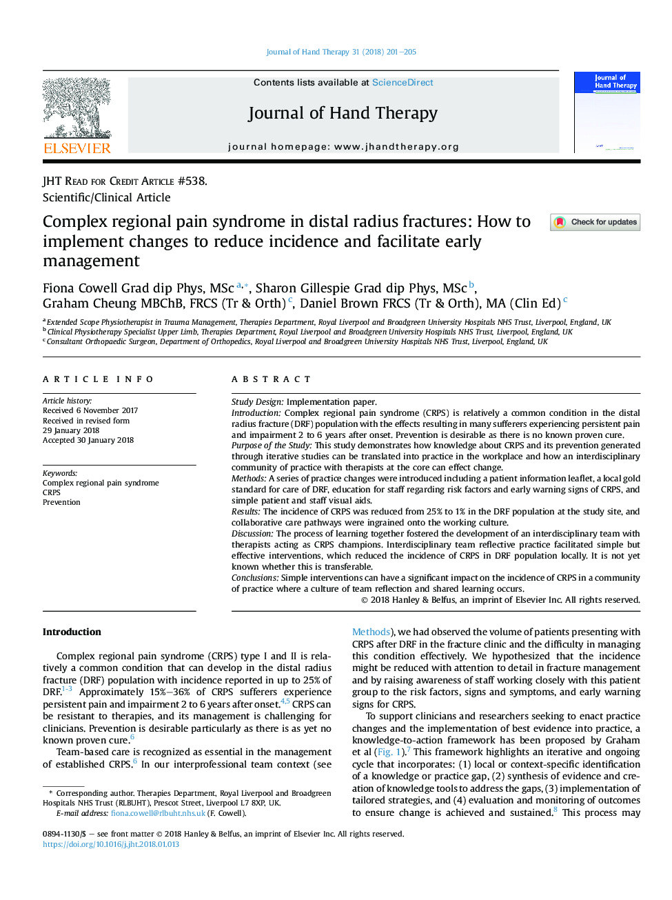 سندرم درد پیچیده منطقه ای در شکستگی شعاع دفاعی: چگونگی پیاده سازی تغییرات برای کاهش بروز و تسهیل مدیریت زود هنگام 