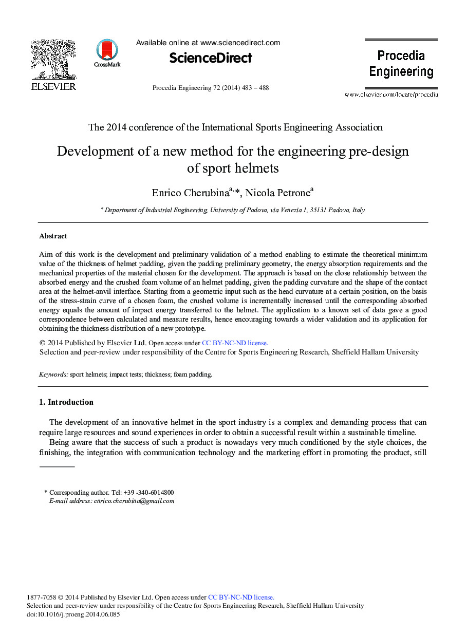 Development of a New Method for the Engineering Pre-design of Sport Helmets 