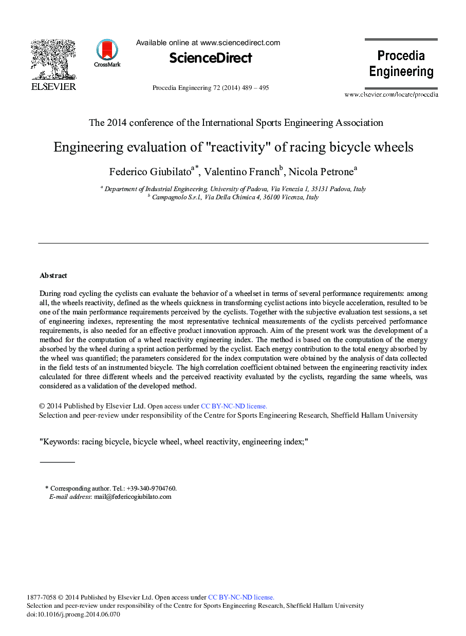 Engineering Evaluation of “Reactivity” of Racing Bicycle Wheels 