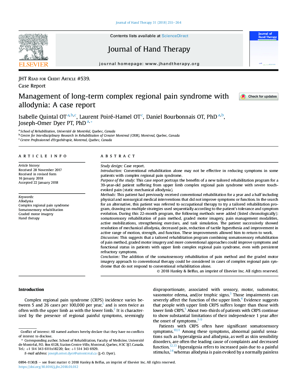 Management of long-term complex regional pain syndrome with allodynia: A case report