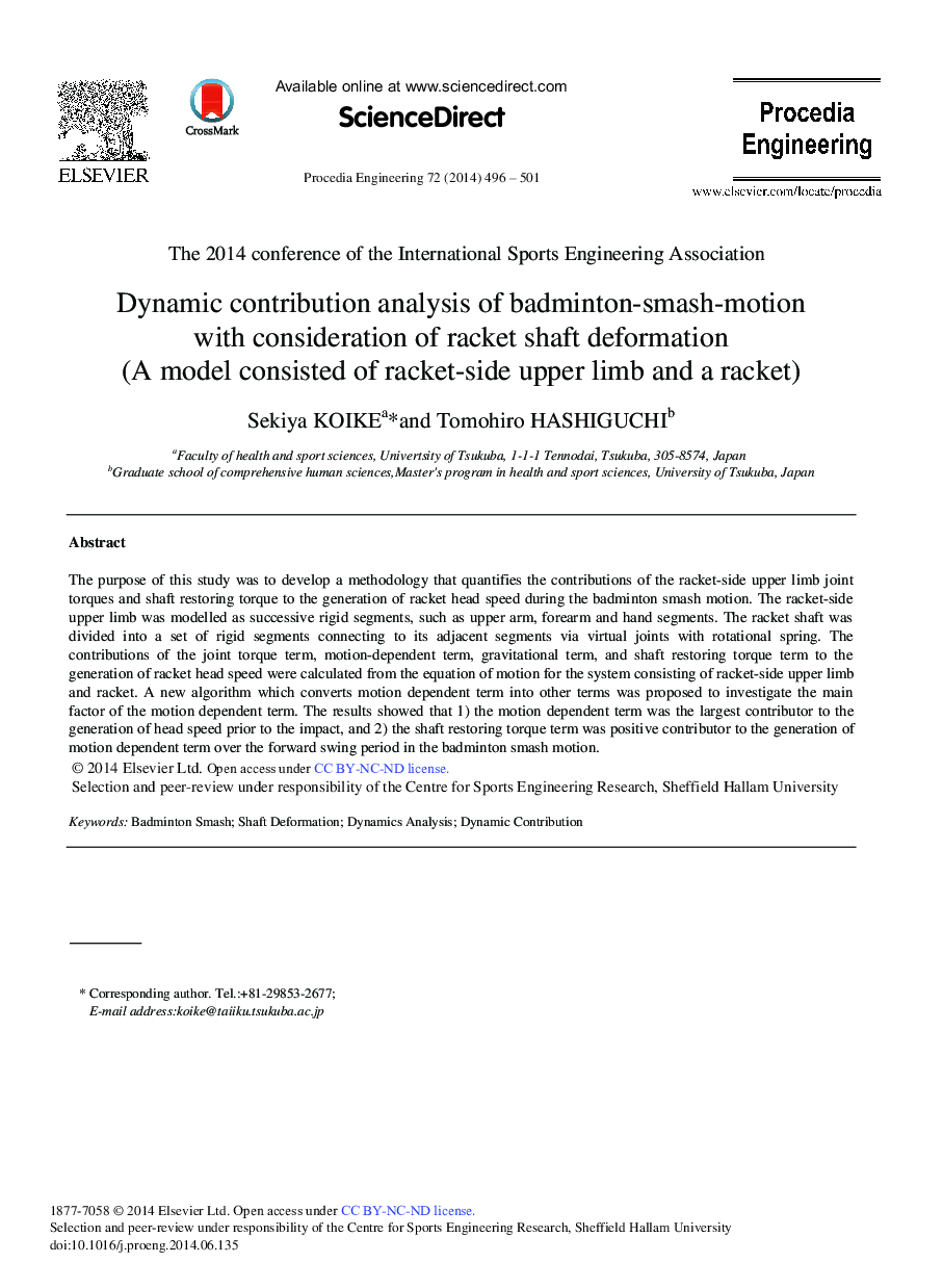 Dynamic Contribution Analysis of Badminton-smash-motion with Consideration of Racket Shaft Deformation (A Model Consisted of Racket-side Upper Limb and a Racket) 