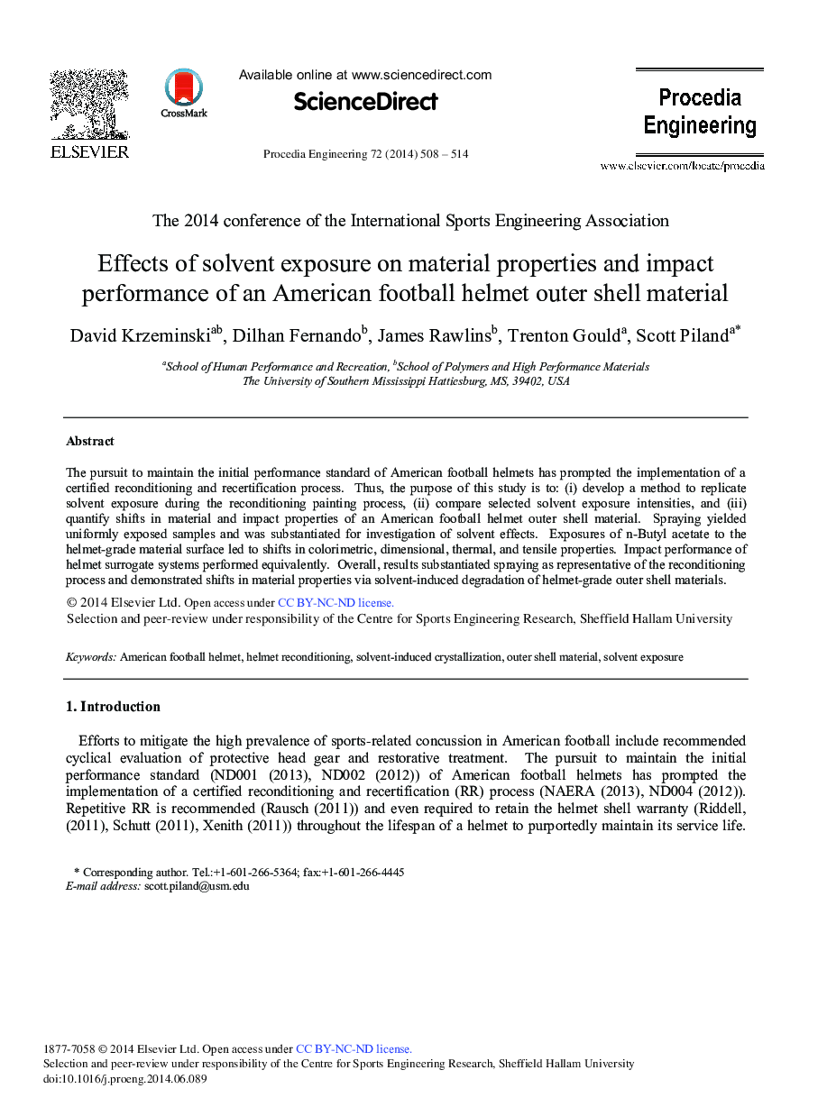 Effects of Solvent Exposure on Material Properties and Impact Performance of an American Football Helmet Outer Shell Material 
