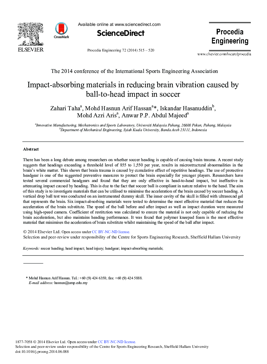 Impact-absorbing Materials in Reducing Brain Vibration Caused by Ball-to-head Impact in Soccer 