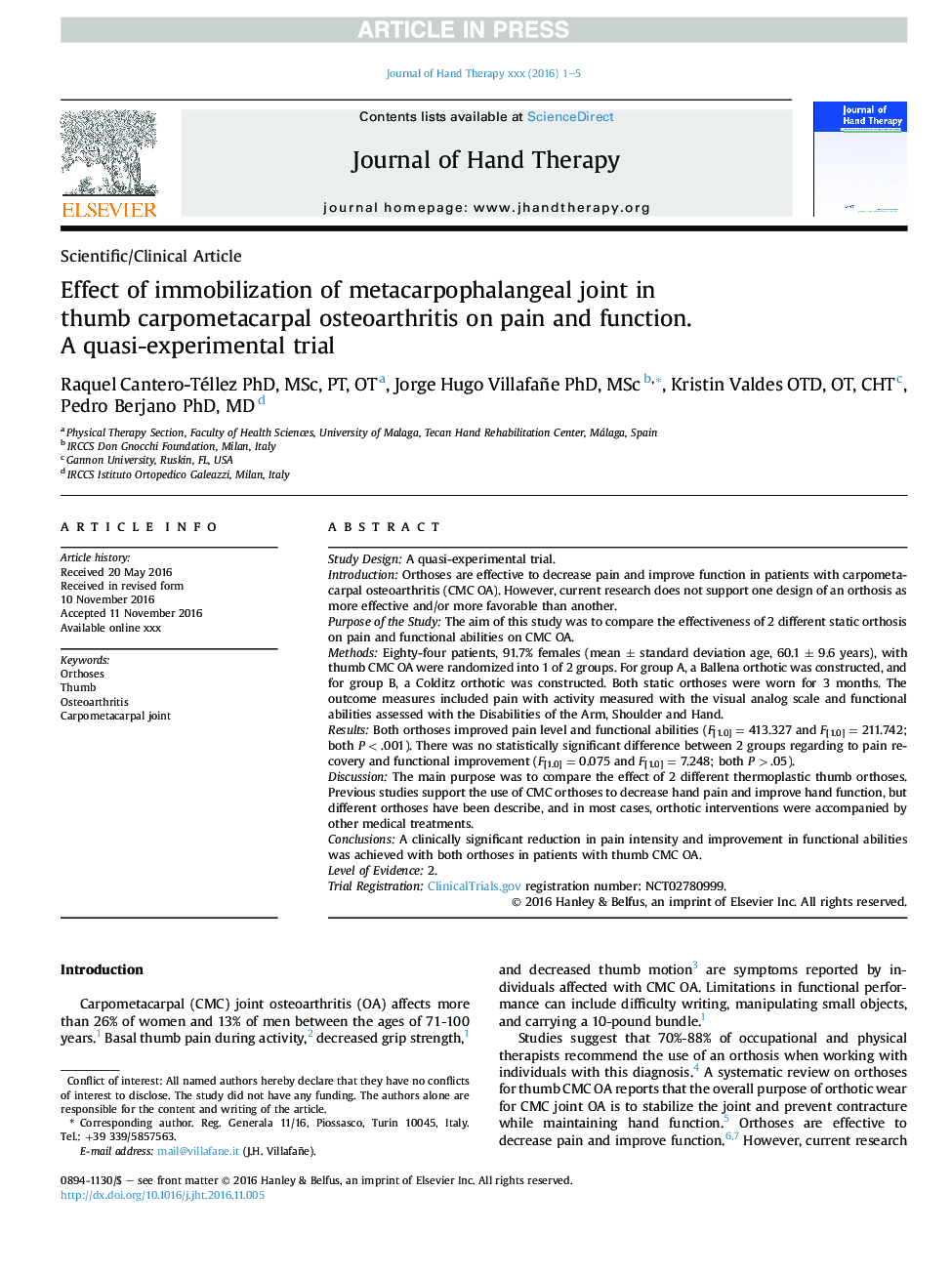 Effect of immobilization of metacarpophalangeal joint in thumb carpometacarpal osteoarthritis on pain and function. A quasi-experimental trial