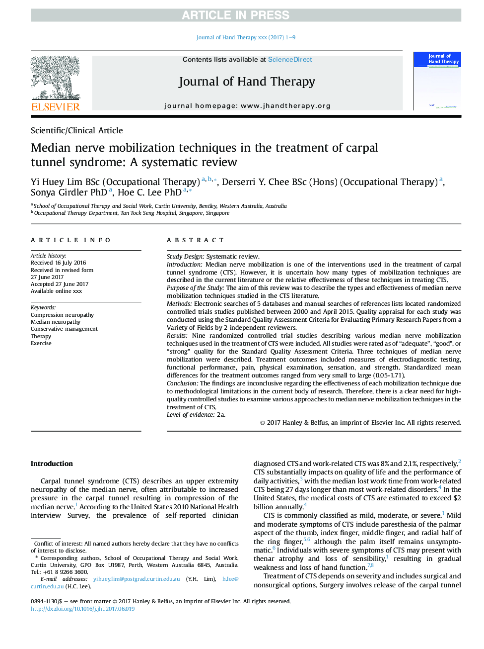 Median nerve mobilization techniques in the treatment of carpal tunnel syndrome: A systematic review