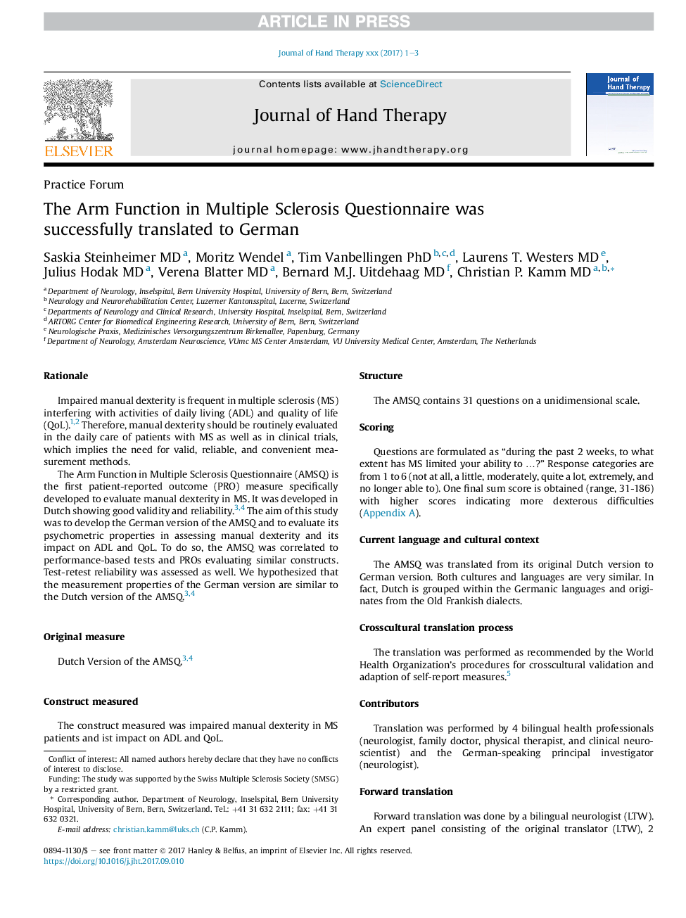 The Arm Function in Multiple Sclerosis Questionnaire was successfully translated to German