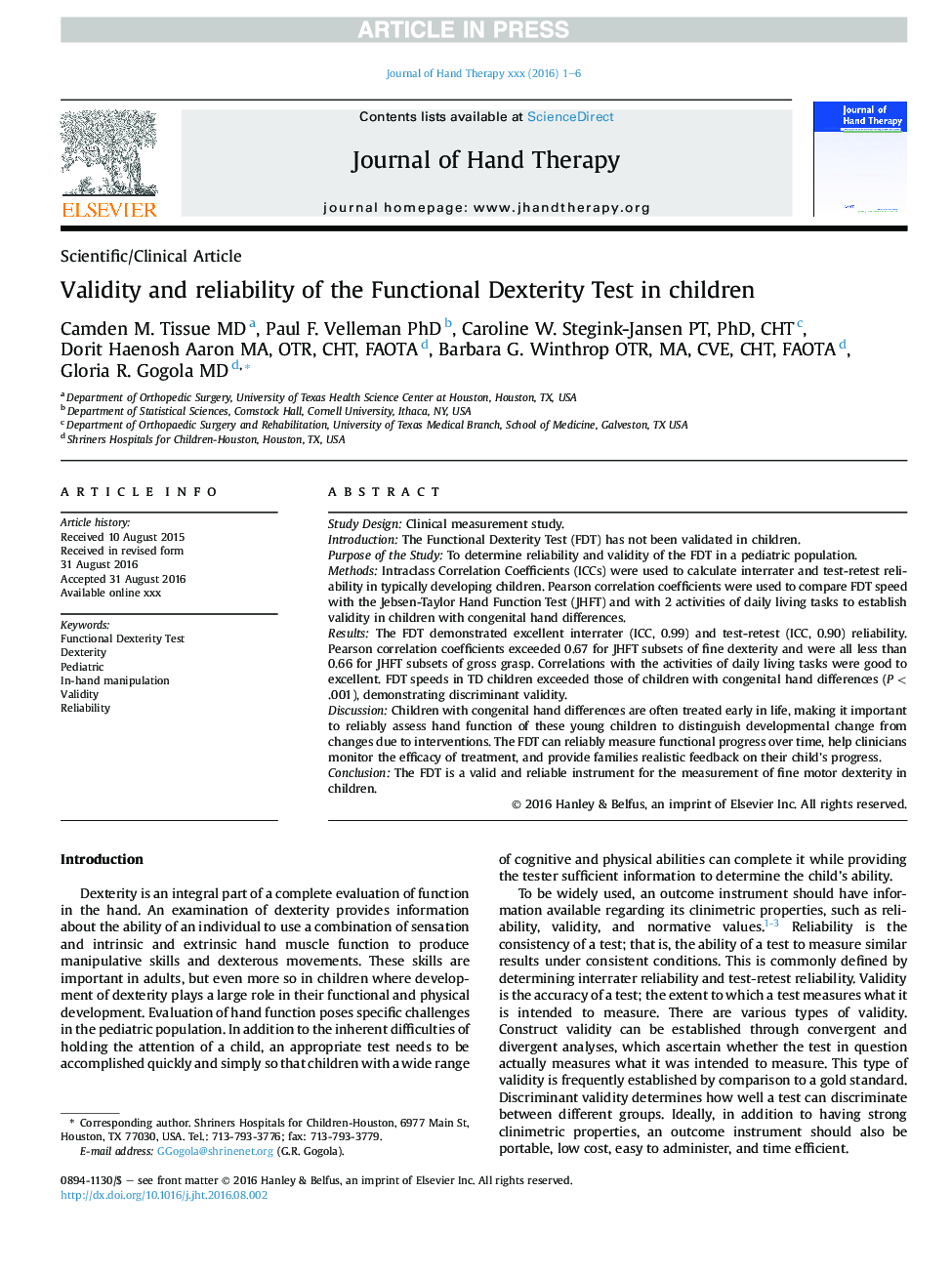 Validity and reliability of the Functional Dexterity Test in children