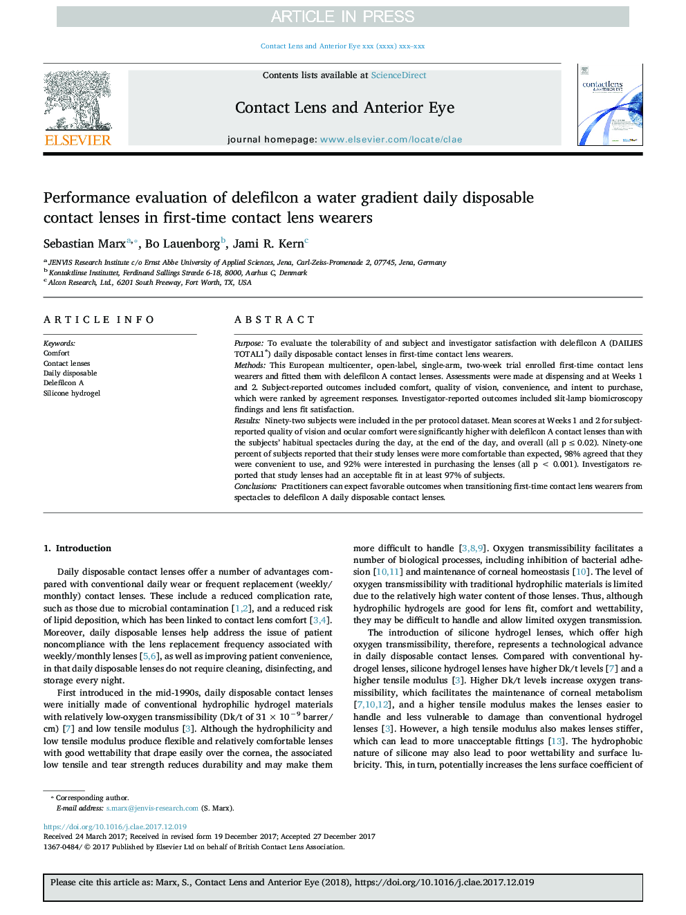 Performance evaluation of delefilcon a water gradient daily disposable contact lenses in first-time contact lens wearers