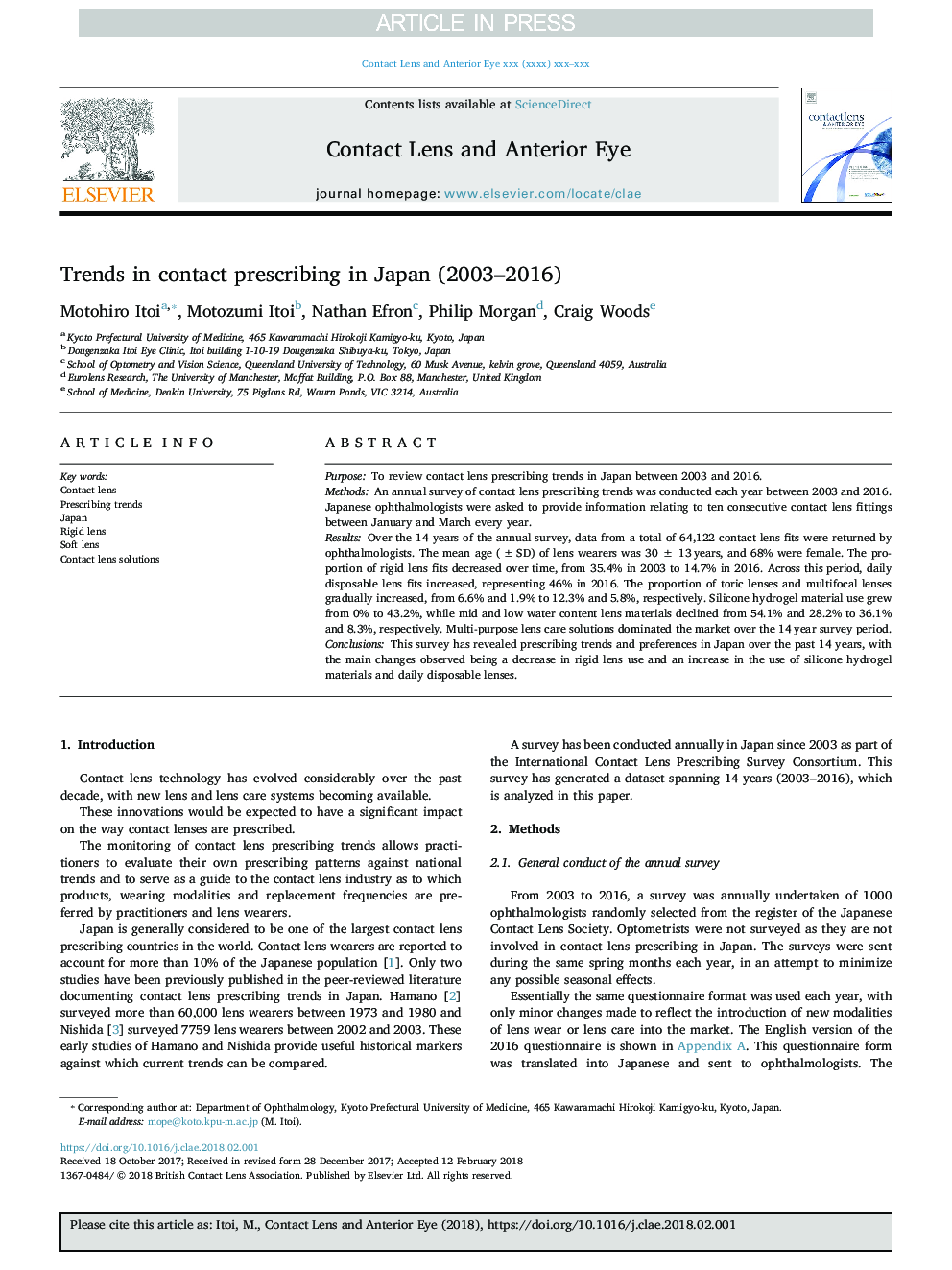 Trends in Contact Lens Prescribing in Japan (2003-2016)