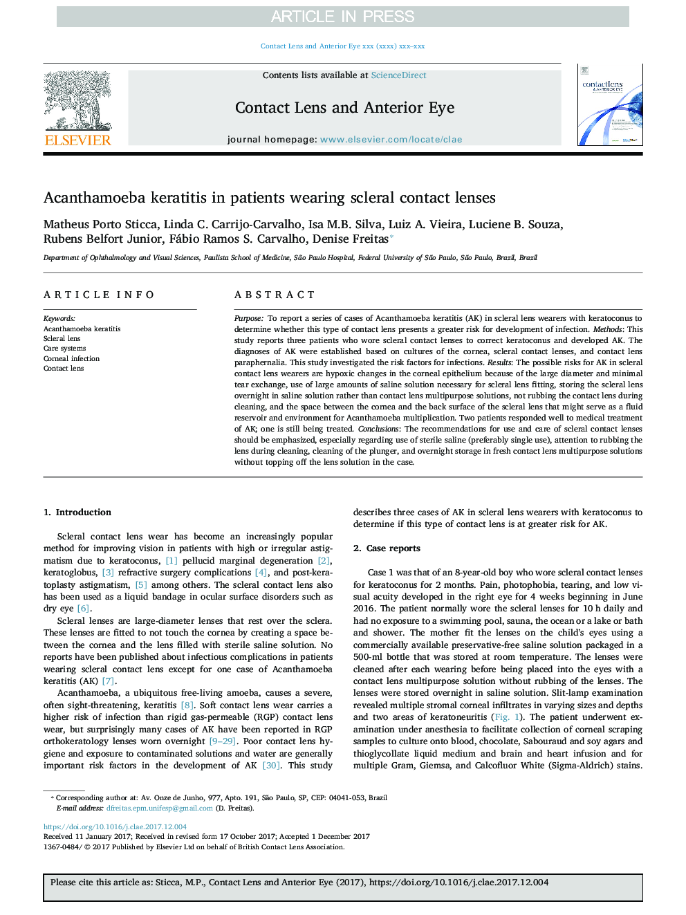 Acanthamoeba keratitis in patients wearing scleral contact lenses